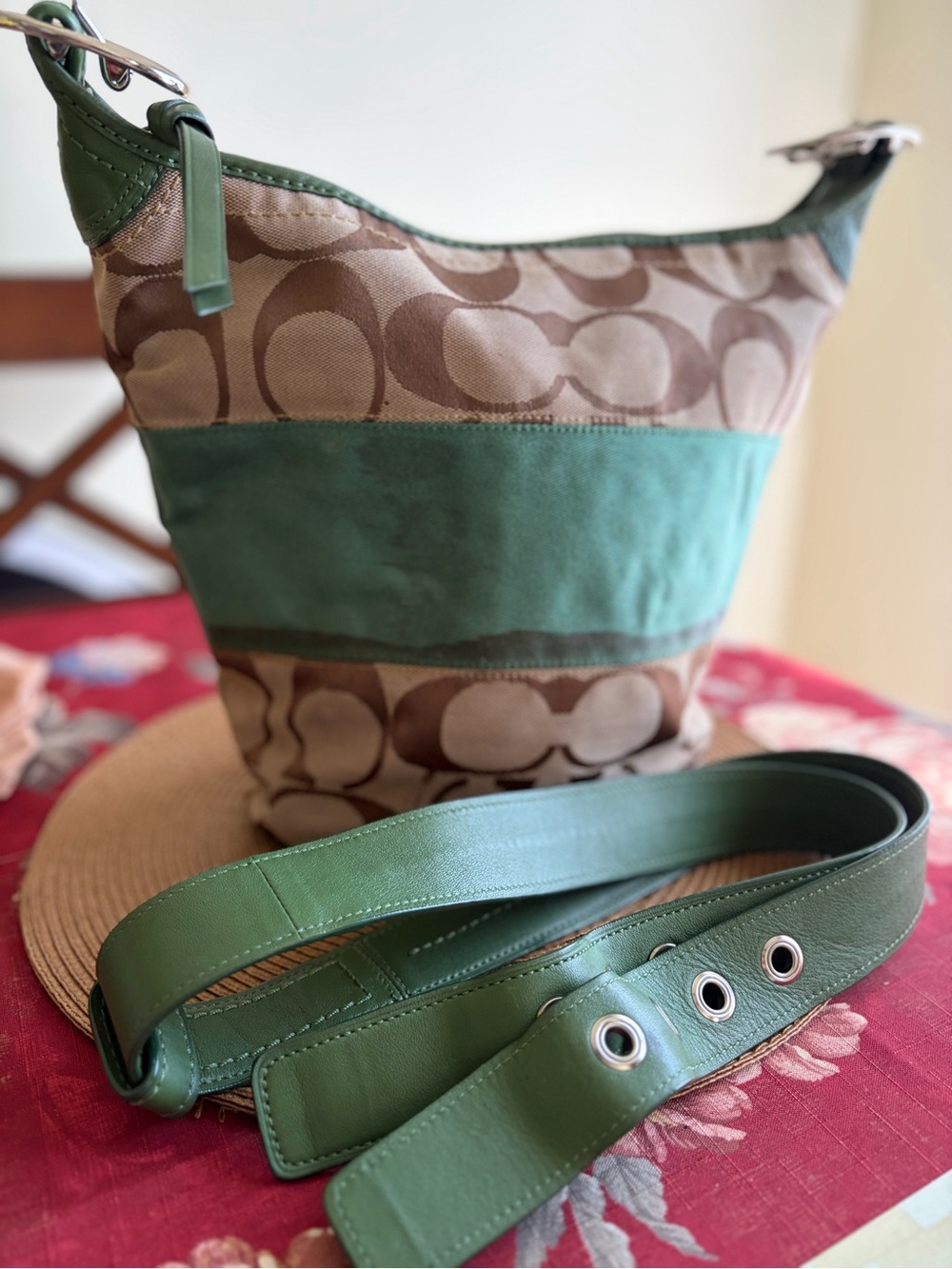 Designer-Inspired Green and Beige Signature Pattern Shoulder Bag